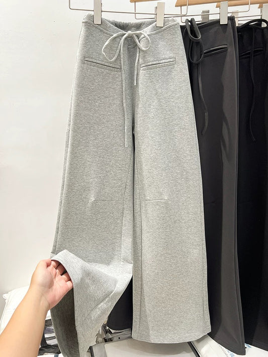 Gray high-waisted straight casual pants for women in autumn and winter fashion style loose and slim floor-length velvet pants