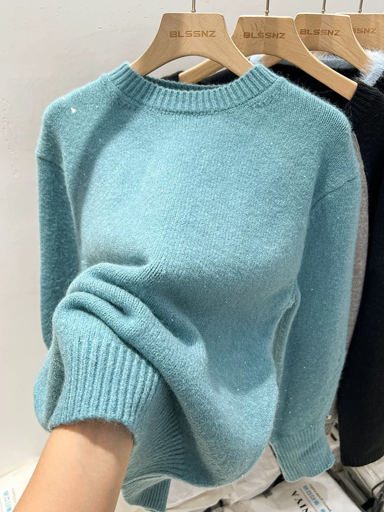 Blue pullover sweater for women 2024 new winter fashion style loose and slim long-sleeved sweater top trendy