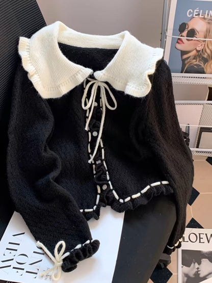 Baby doll collar black sweater cardigan for women Korean style sweet and cute autumn clothing super nice knitted jacket bow top