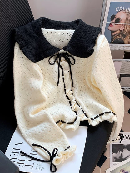 Baby doll collar black sweater cardigan for women Korean style sweet and cute autumn clothing super nice knitted jacket bow top