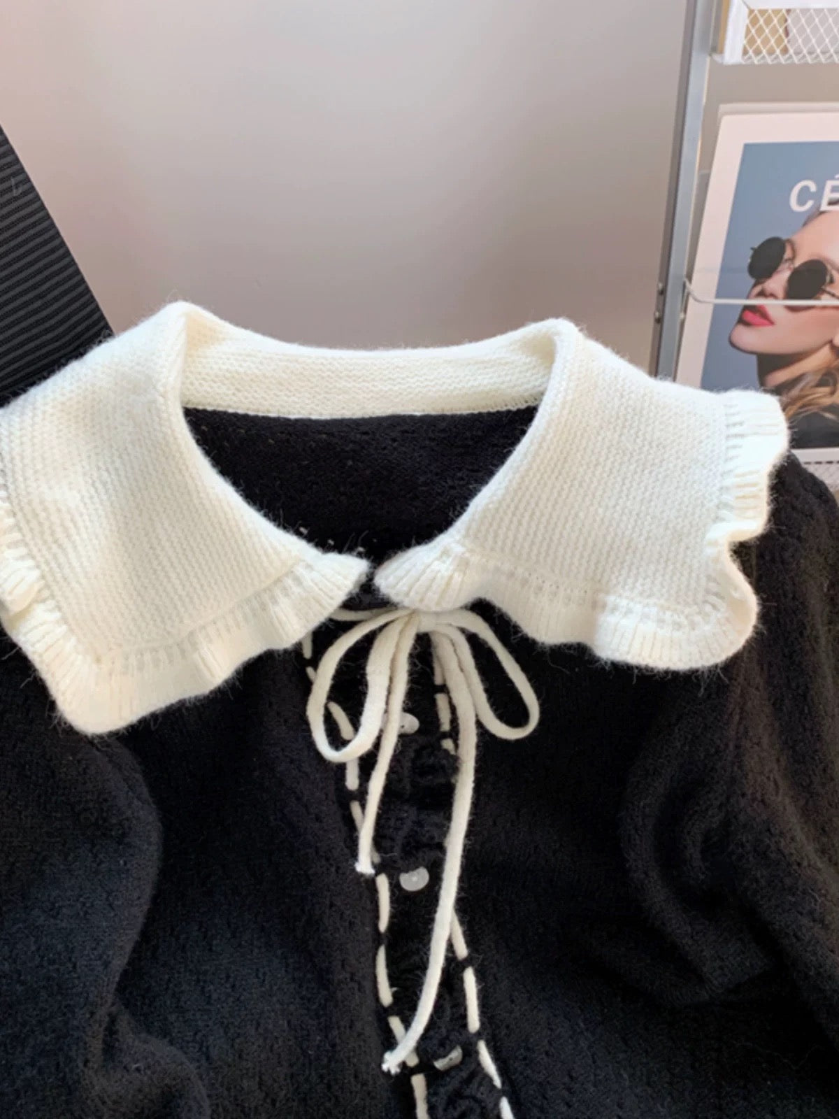 Baby doll collar black sweater cardigan for women Korean style sweet and cute autumn clothing super nice knitted jacket bow top