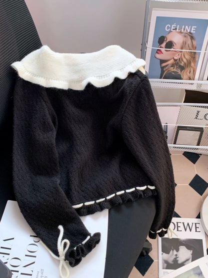 Baby doll collar black sweater cardigan for women Korean style sweet and cute autumn clothing super nice knitted jacket bow top