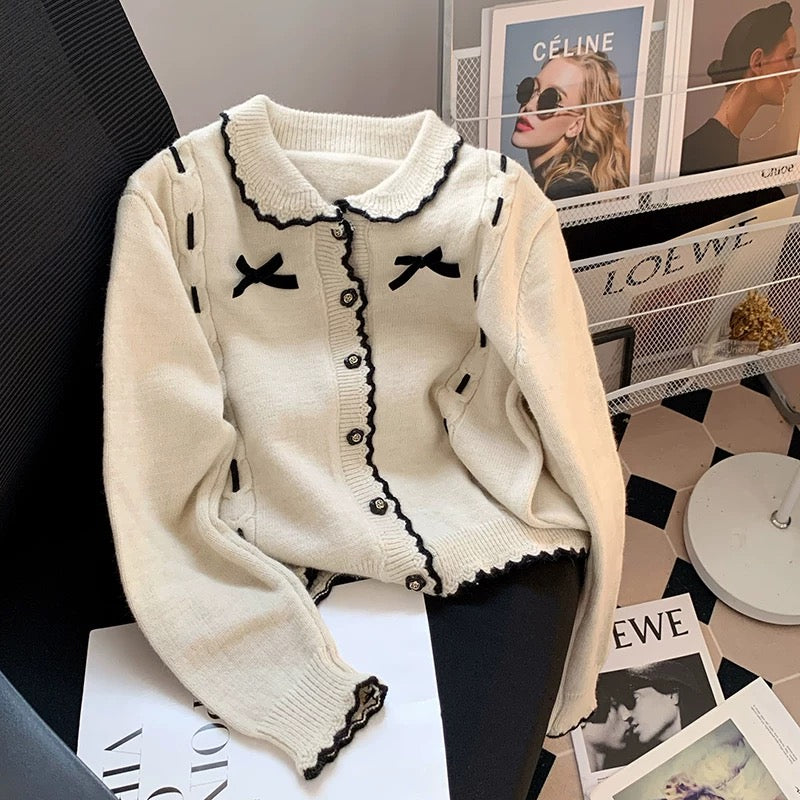 Japanese sweet bow sweater cardigan pink female 2023 autumn new style gentle and cute lace knitted jacket