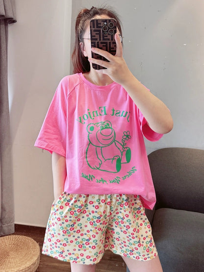 Bear flower pure cotton pajamas for women summer thin short-sleeved shorts casual cute home clothes set can be worn outside