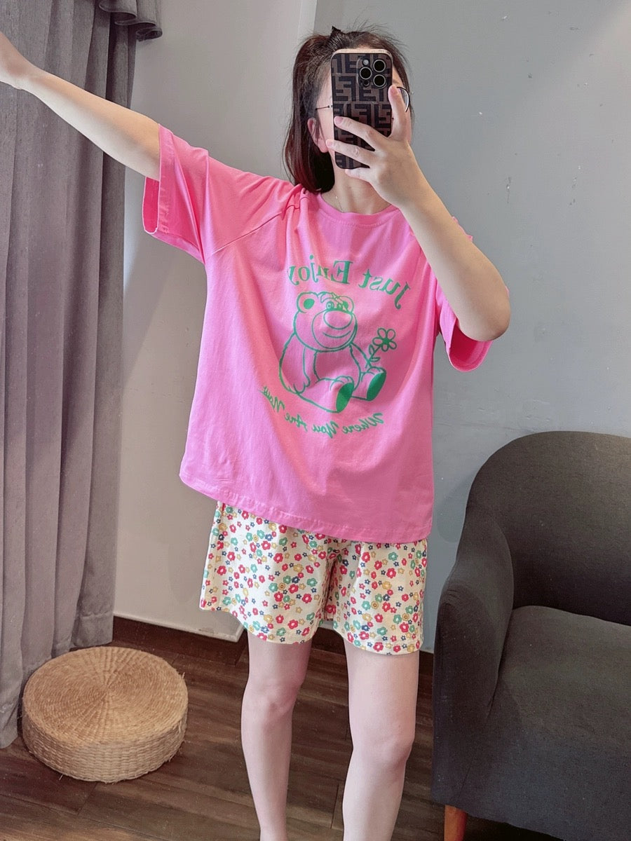 Bear flower pure cotton pajamas for women summer thin short-sleeved shorts casual cute home clothes set can be worn outside