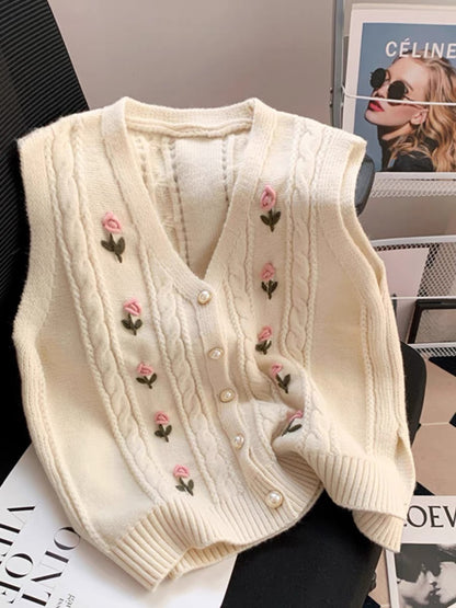 Three-dimensional flower vest short knitted cardigan with Japanese style layered spring woolen vest for women Korean style vest