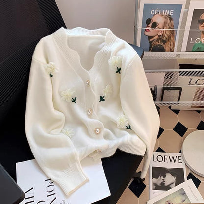 Gentle style white sweet design three-dimensional flower sweater coat female fairy small autumn and winter knitted cardigan