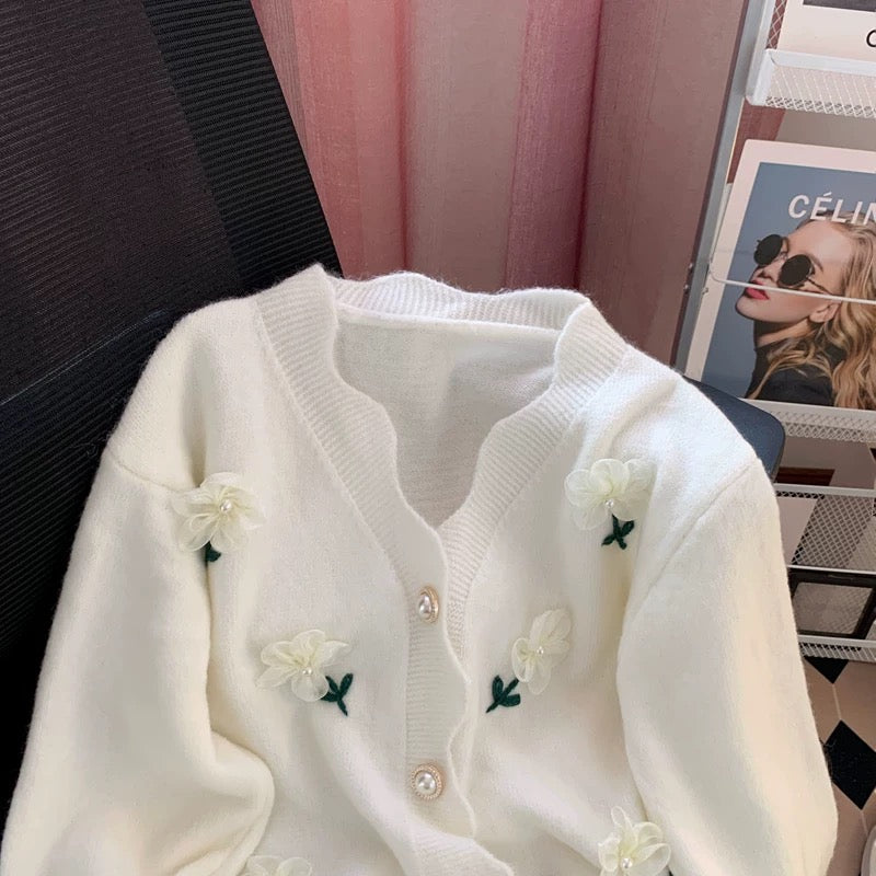 Gentle style white sweet design three-dimensional flower sweater coat female fairy small autumn and winter knitted cardigan