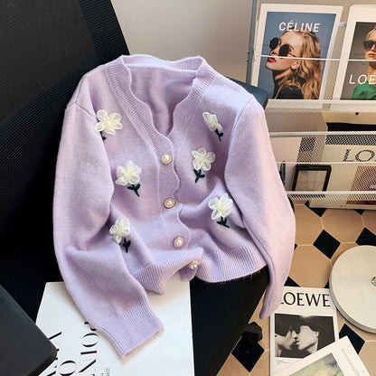 Gentle style white sweet design three-dimensional flower sweater coat female fairy small autumn and winter knitted cardigan