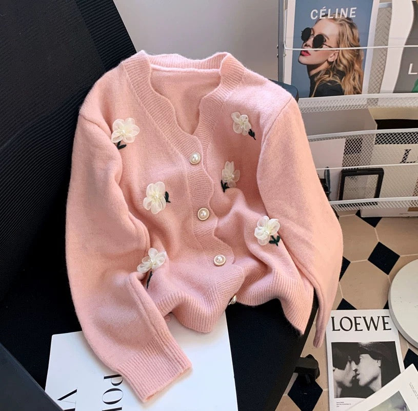 Gentle style white sweet design three-dimensional flower sweater coat female fairy small autumn and winter knitted cardigan