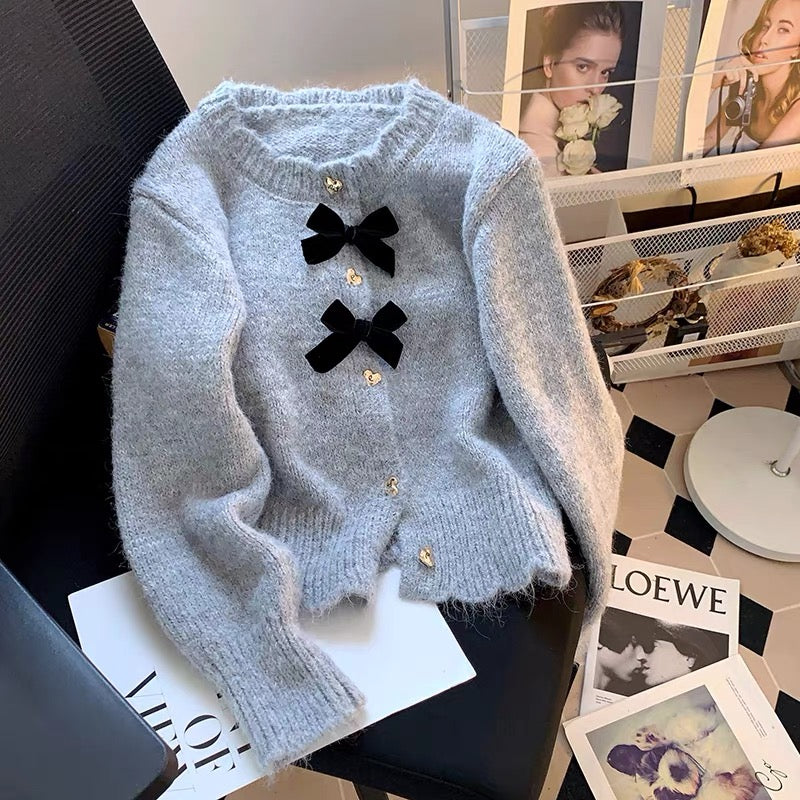 Retro bow gold buckle gray knitted cardigan for women spring 2024 new design short sweater jacket