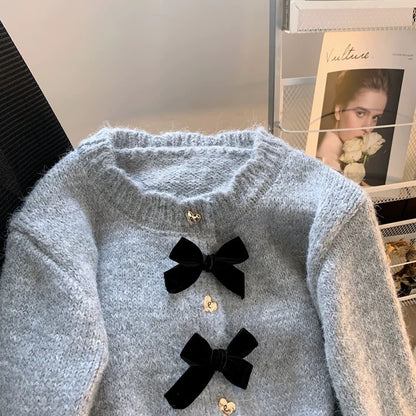 Retro bow gold buckle gray knitted cardigan for women spring 2024 new design short sweater jacket