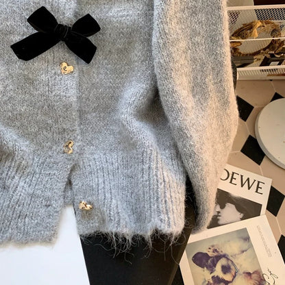 Retro bow gold buckle gray knitted cardigan for women spring 2024 new design short sweater jacket