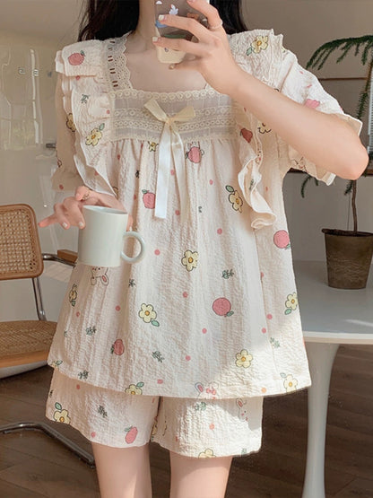 Sweet girly style pure cotton gauze pajamas for women summer short-sleeved shorts set cute cartoon home clothes can be worn outside