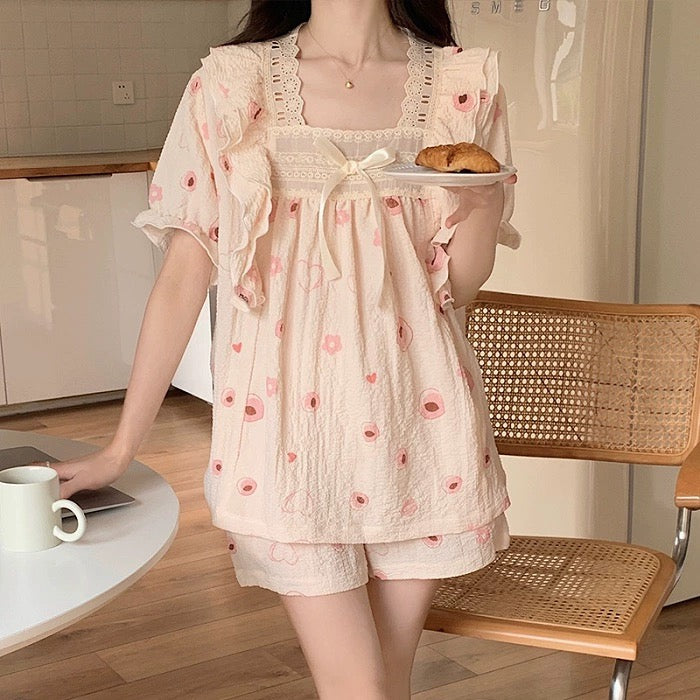 Sweet girly style pure cotton gauze pajamas for women summer short-sleeved shorts set cute cartoon home clothes can be worn outside