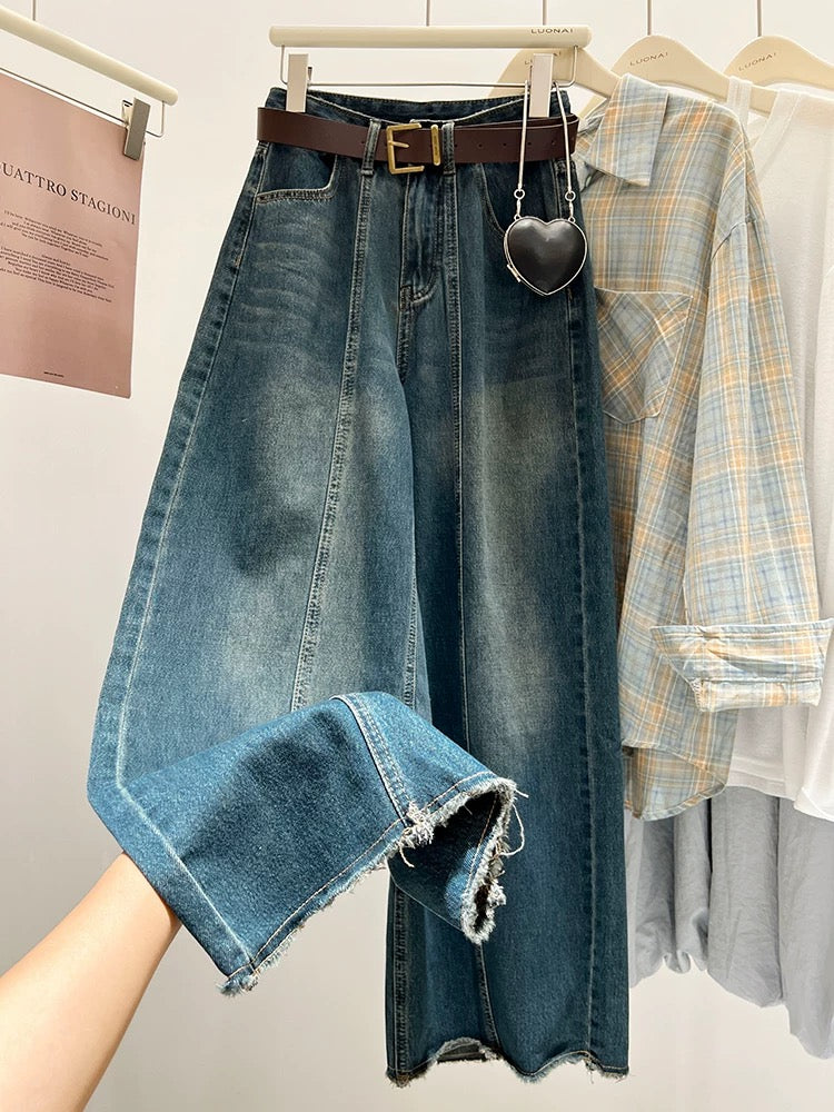 American retro dark blue jeans women's summer washed distressed raw edge high-waisted straight wide-leg pants floor-length trousers