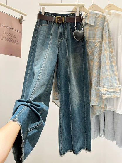 American retro dark blue jeans women's summer washed distressed raw edge high-waisted straight wide-leg pants floor-length trousers