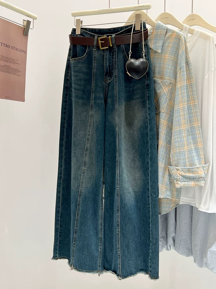 American retro dark blue jeans women's summer washed distressed raw edge high-waisted straight wide-leg pants floor-length trousers