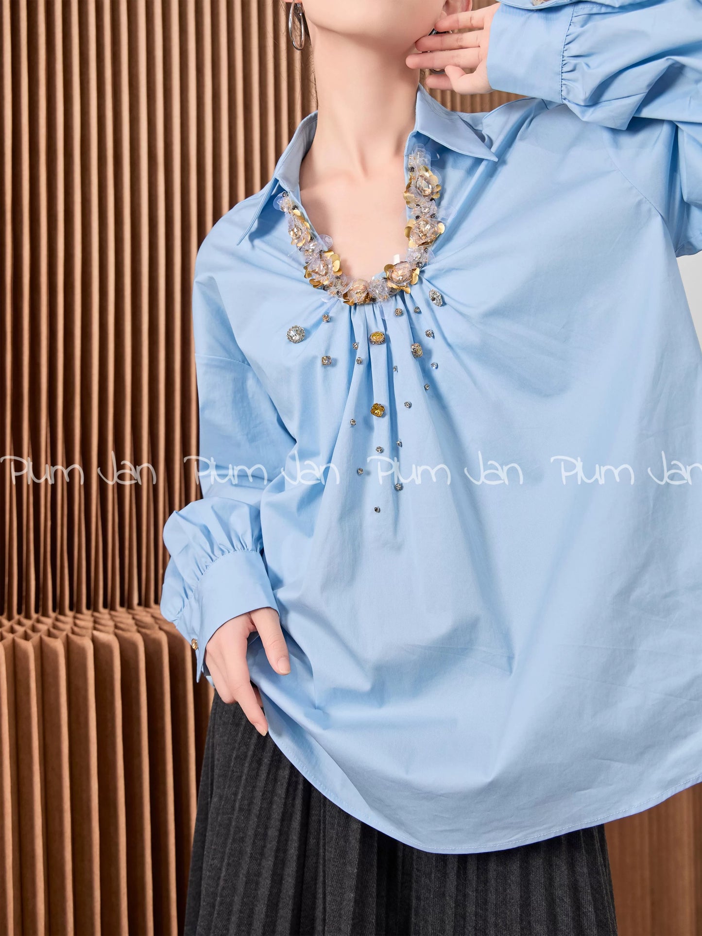 Plum Jan/Copper Sulfate Wear Blue High-Level Design French Shirt Autumn 2024 New Tops for Women