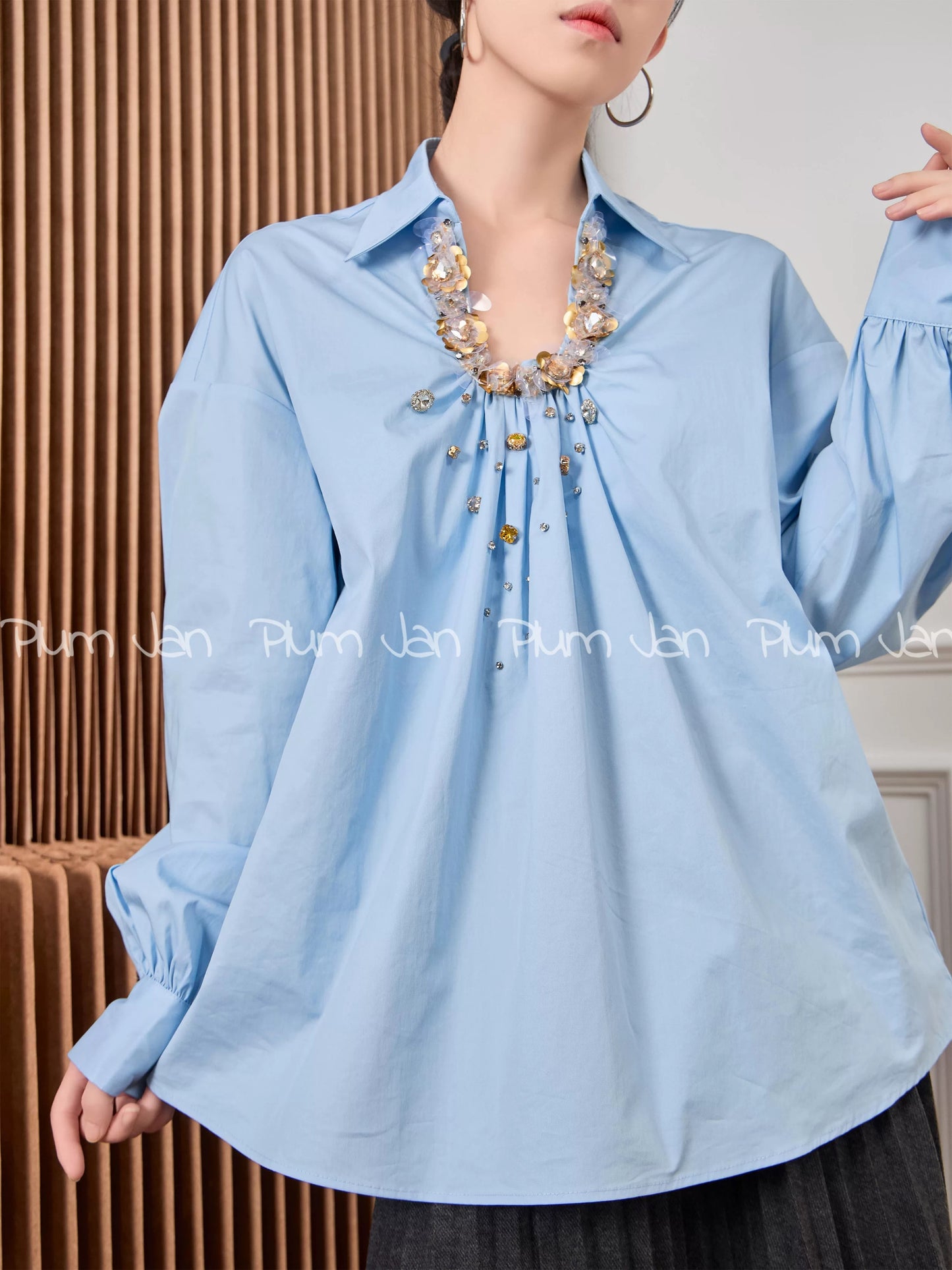 Plum Jan/Copper Sulfate Wear Blue High-Level Design French Shirt Autumn 2024 New Tops for Women