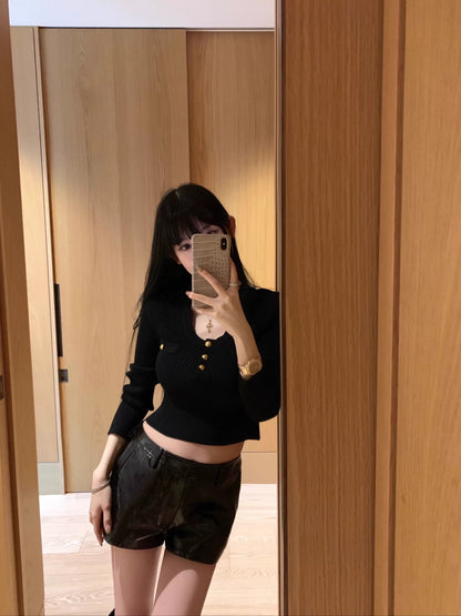 CHICYOU ultra-high quality long-sleeved gold buckle versatile tight knit sweater daily casual pullover bottoming shirt top