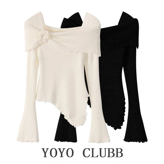 YOYO CLUBB large size French three-dimensional flower one-shoulder sweater 2024 autumn large size slim irregular top