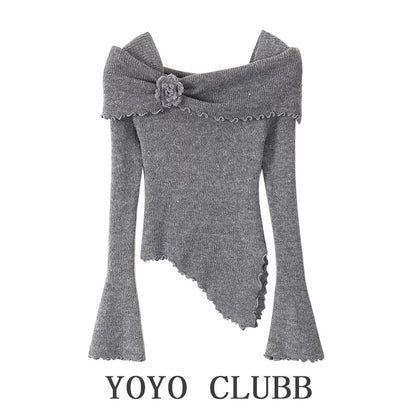 YOYO CLUBB large size French three-dimensional flower one-shoulder sweater 2024 autumn large size slim irregular top