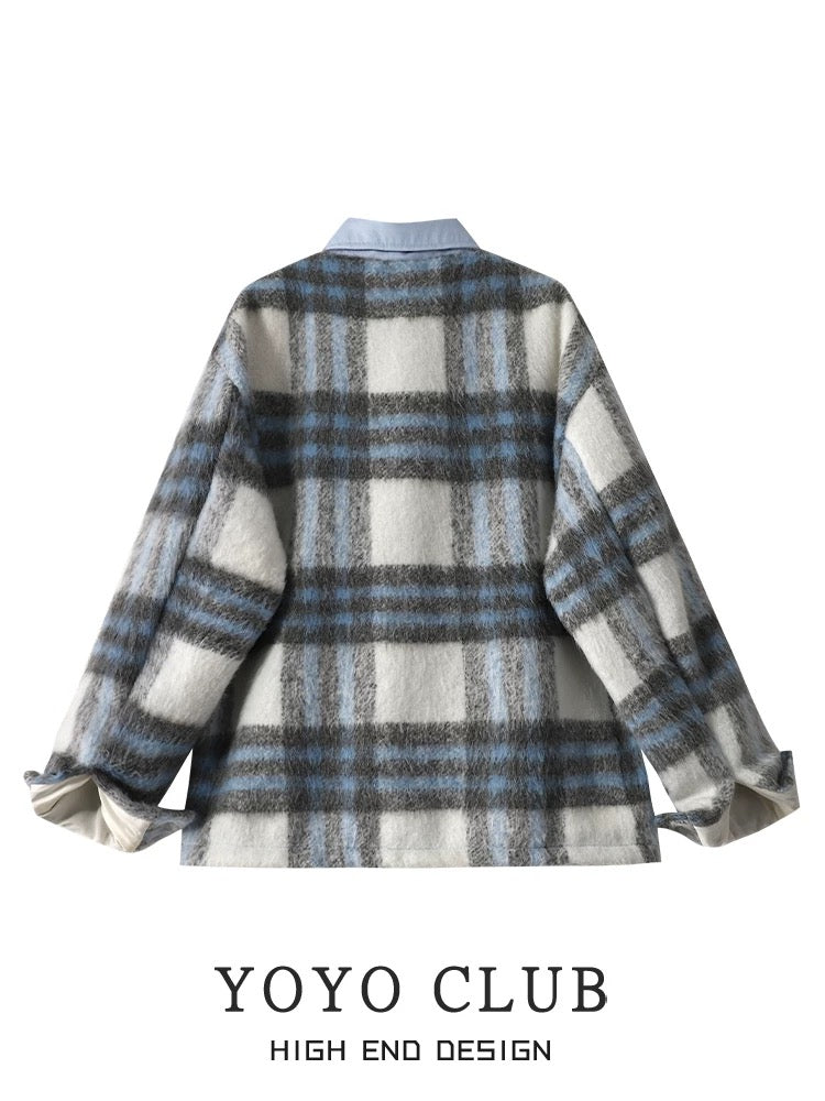 YOYO CLUB large size plaid woolen jacket for women in autumn and winter, high-end and super good-looking jacket, lazy style top