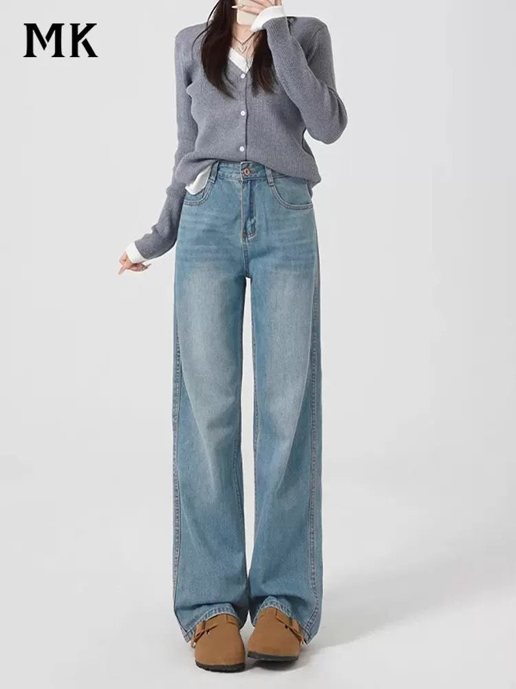 MACKERL KISS light blue high-waisted wide-leg jeans for women autumn and winter 2024 new plus velvet straight-leg floor mopping pants