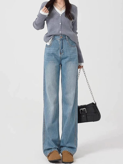 MACKERL KISS light blue high-waisted wide-leg jeans for women autumn and winter 2024 new plus velvet straight-leg floor mopping pants