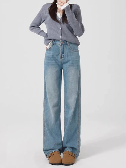 MACKERL KISS light blue high-waisted wide-leg jeans for women autumn and winter 2024 new plus velvet straight-leg floor mopping pants