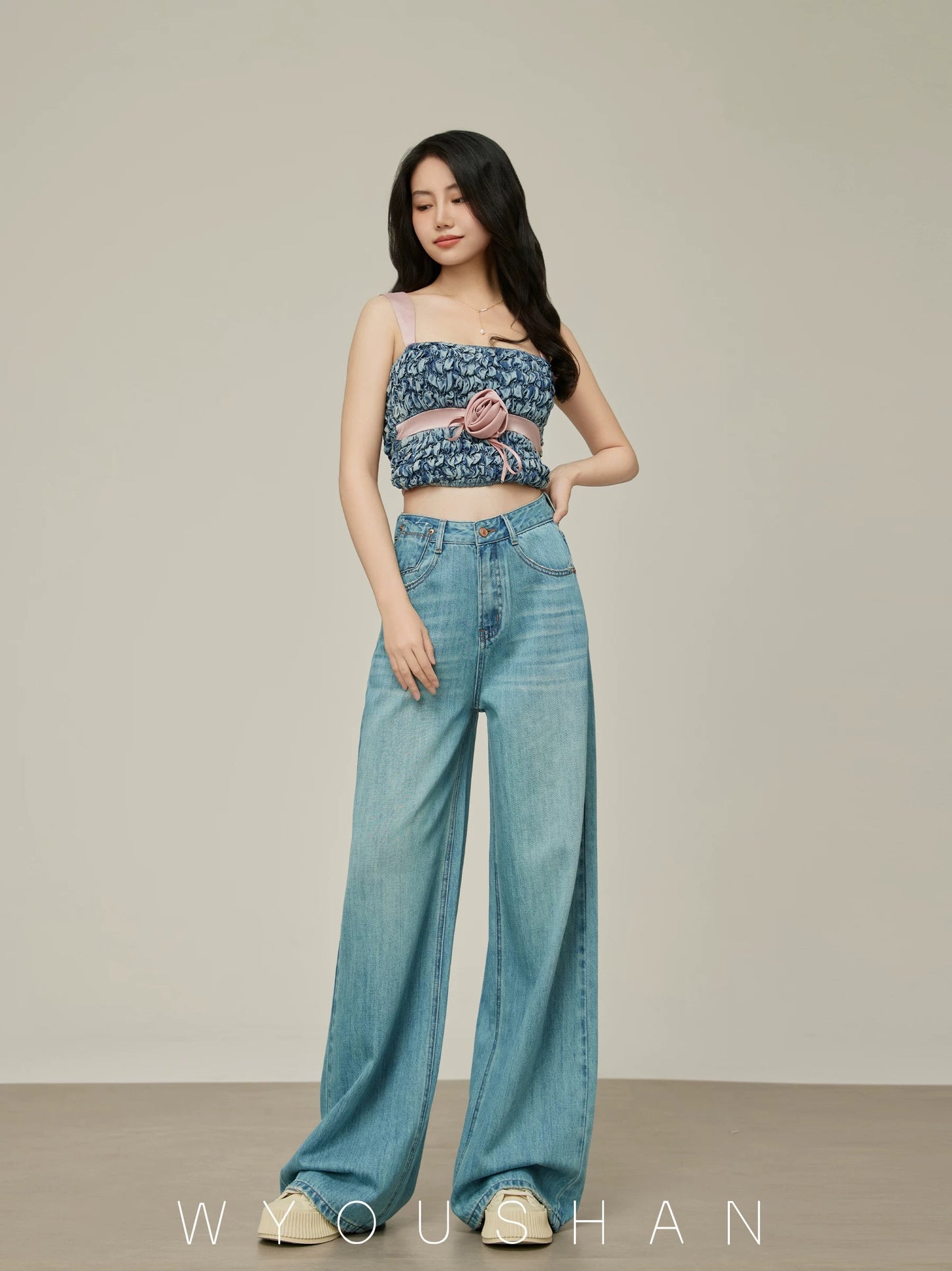 Wang Youshan wide-leg jeans women's high-waist drape new 2024 autumn floor-length trousers slimming loose pants