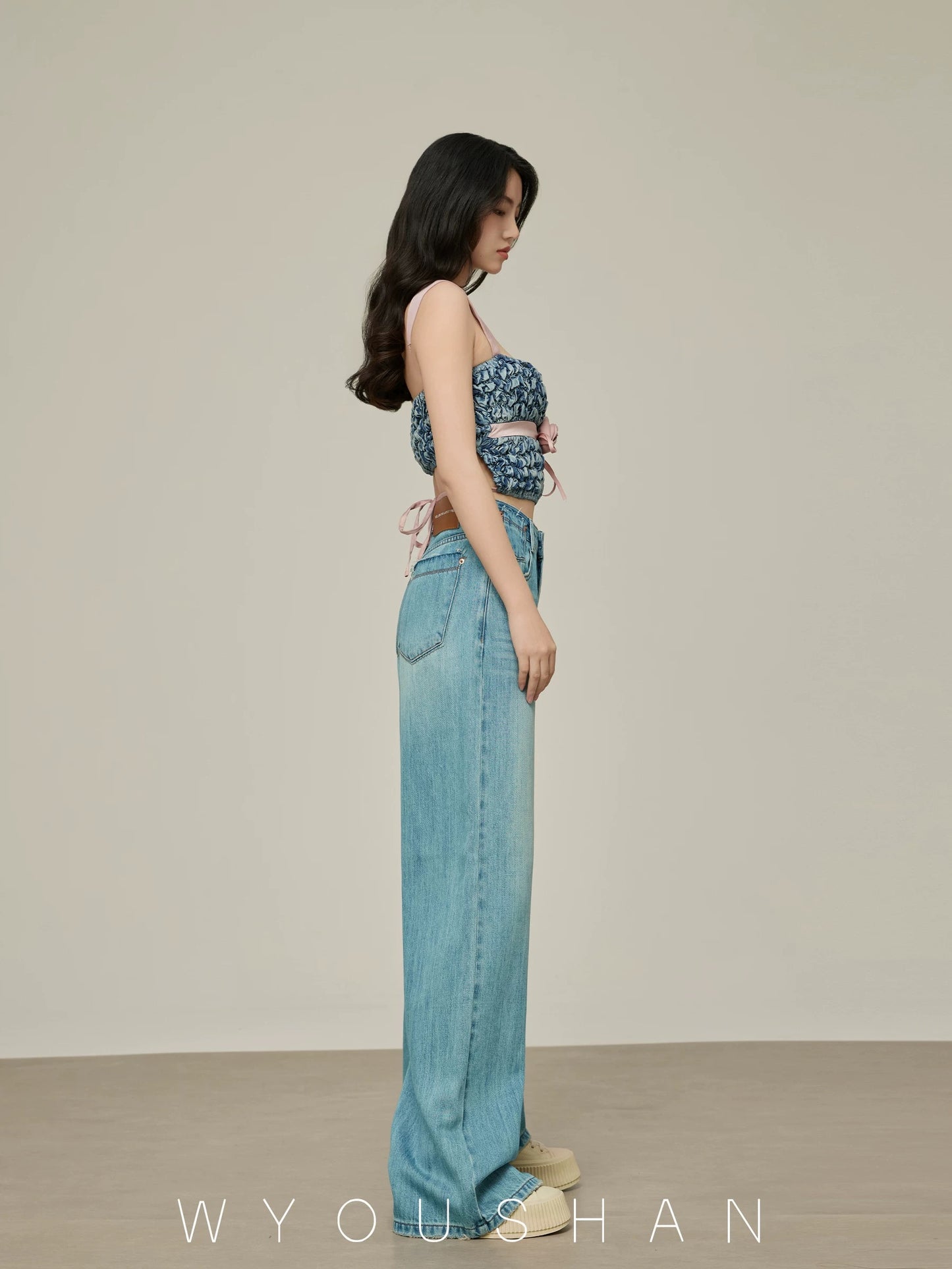 Wang Youshan wide-leg jeans women's high-waist drape new 2024 autumn floor-length trousers slimming loose pants