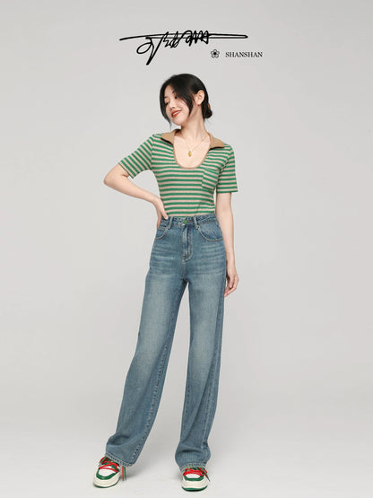 Wang Youshan] High-waisted jeans for women, loose autumn and winter new straight trousers, slimming wide-leg pants 5001