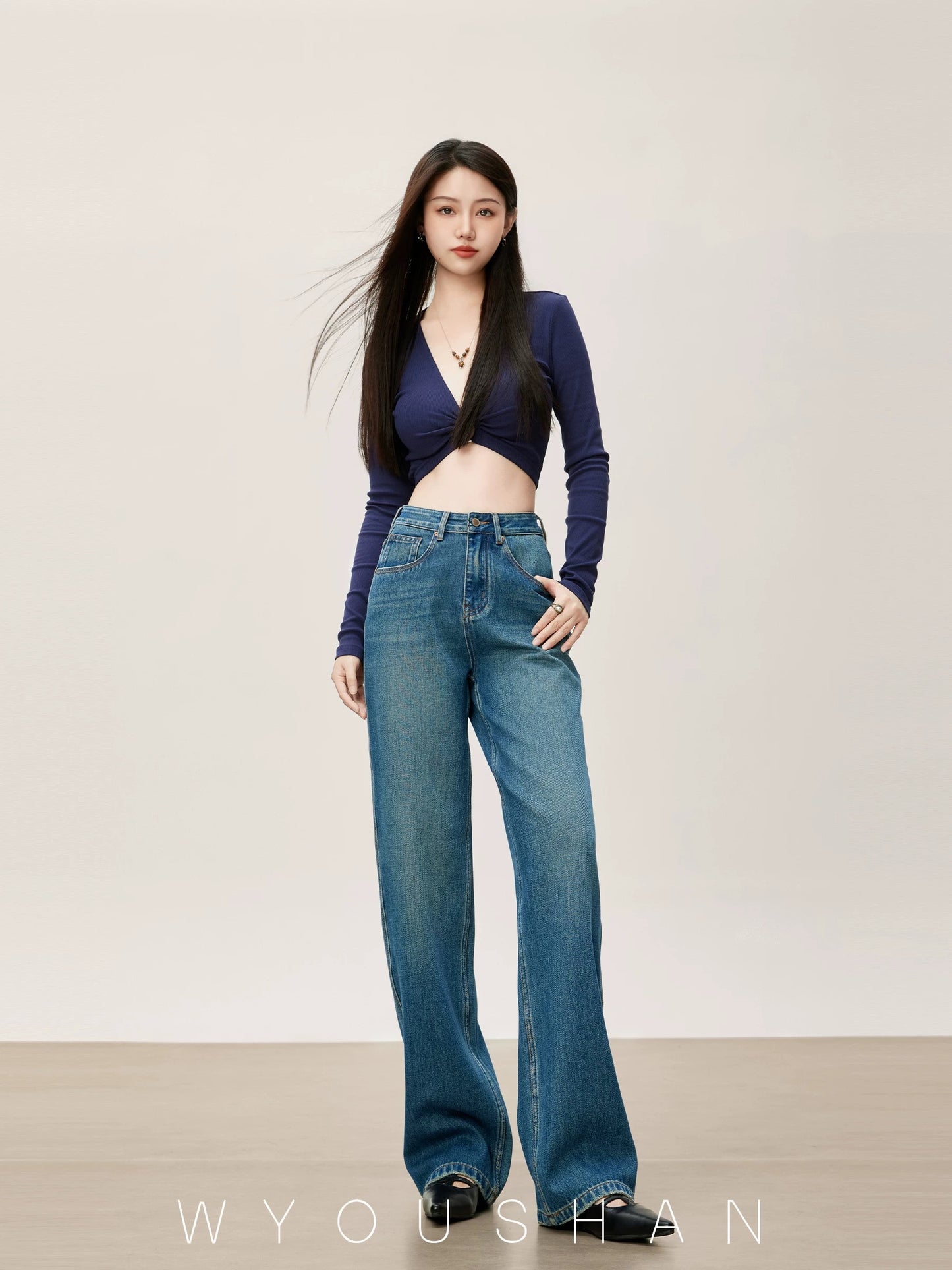 [Wang Youshan] Wide-leg jeans women's high-waist new style 2024 autumn and winter straight trousers loose pants 5501