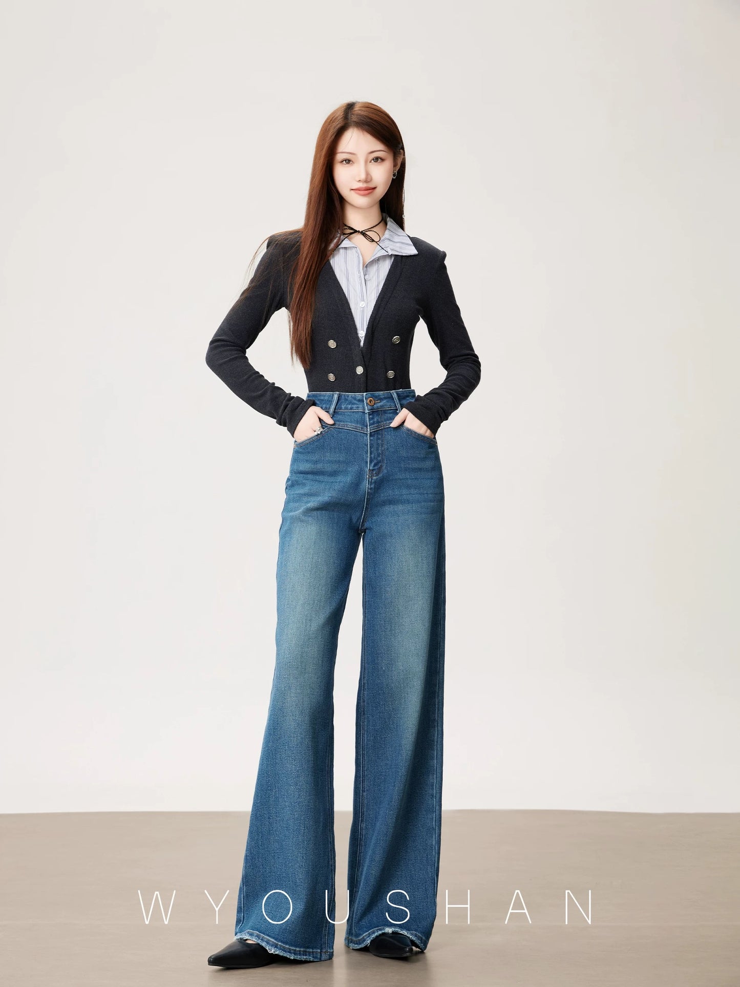 [Wang Youshan] Wide-leg jeans women's high-waist new style 2024 autumn and winter straight trousers loose pants 5509