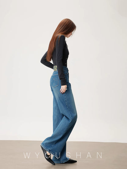 [Wang Youshan] Wide-leg jeans women's high-waist new style 2024 autumn and winter straight trousers loose pants 5509