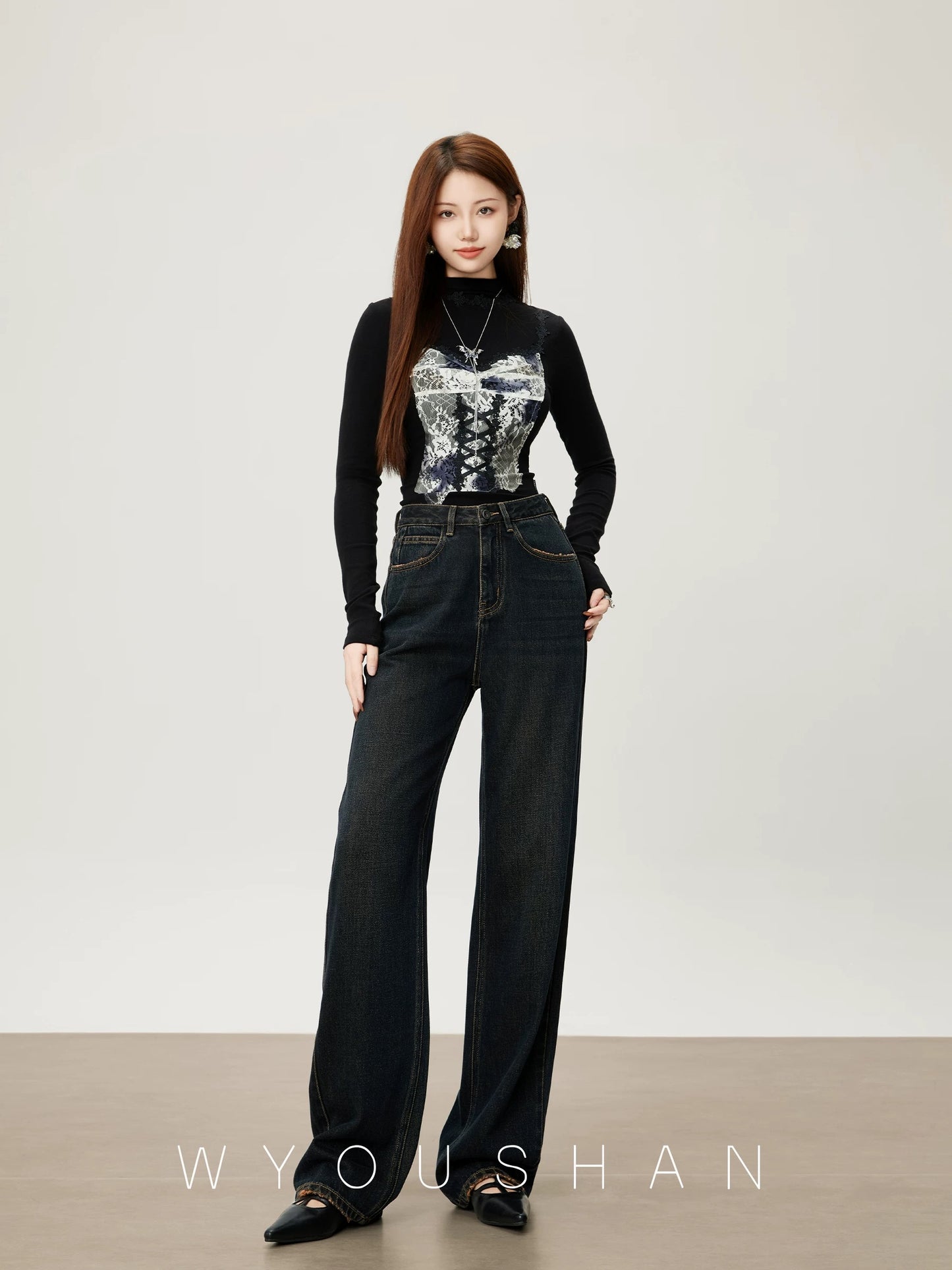 [Wang Youshan] Wide-leg jeans women's high-waist new style 2024 autumn and winter straight trousers loose pants 5601