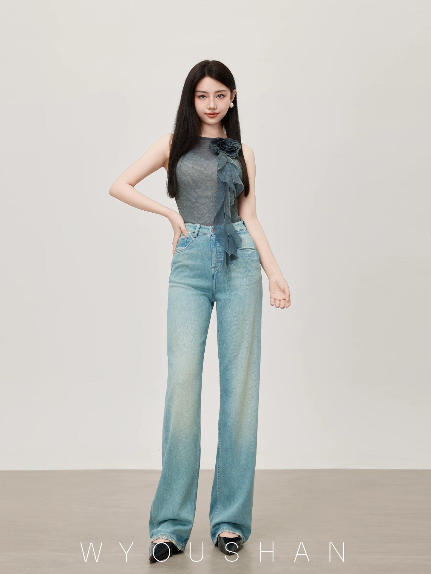 [Wang Youshan] Wide-leg jeans women's high-waist new style 2024 autumn straight trousers slimming loose pants 5303