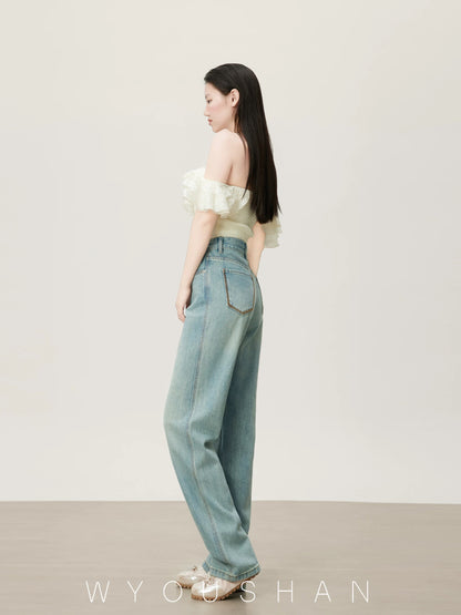 [Wang Youshan] High-waisted jeans for women, loose new autumn and winter straight trousers, slimming wide-leg pants 8811