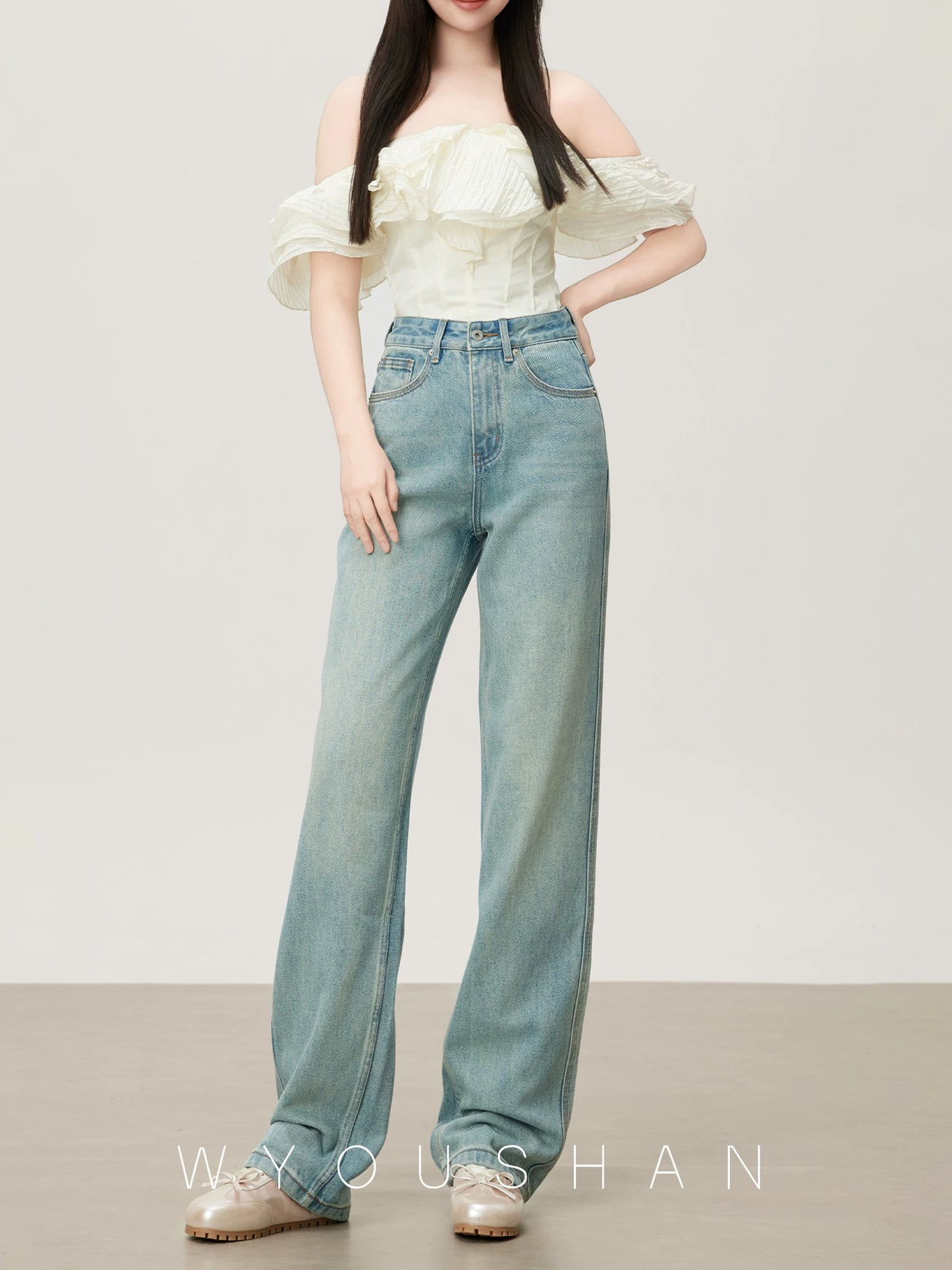 [Wang Youshan] High-waisted jeans for women, loose new autumn and winter straight trousers, slimming wide-leg pants 8811