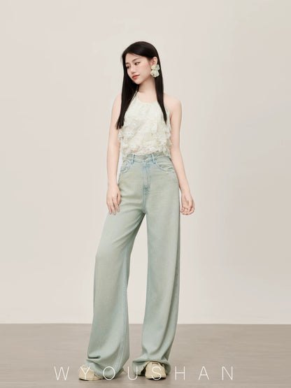 [Wang Youshan] Wide-leg jeans women's high-waist new style 2024 autumn straight trousers slimming loose pants 5302