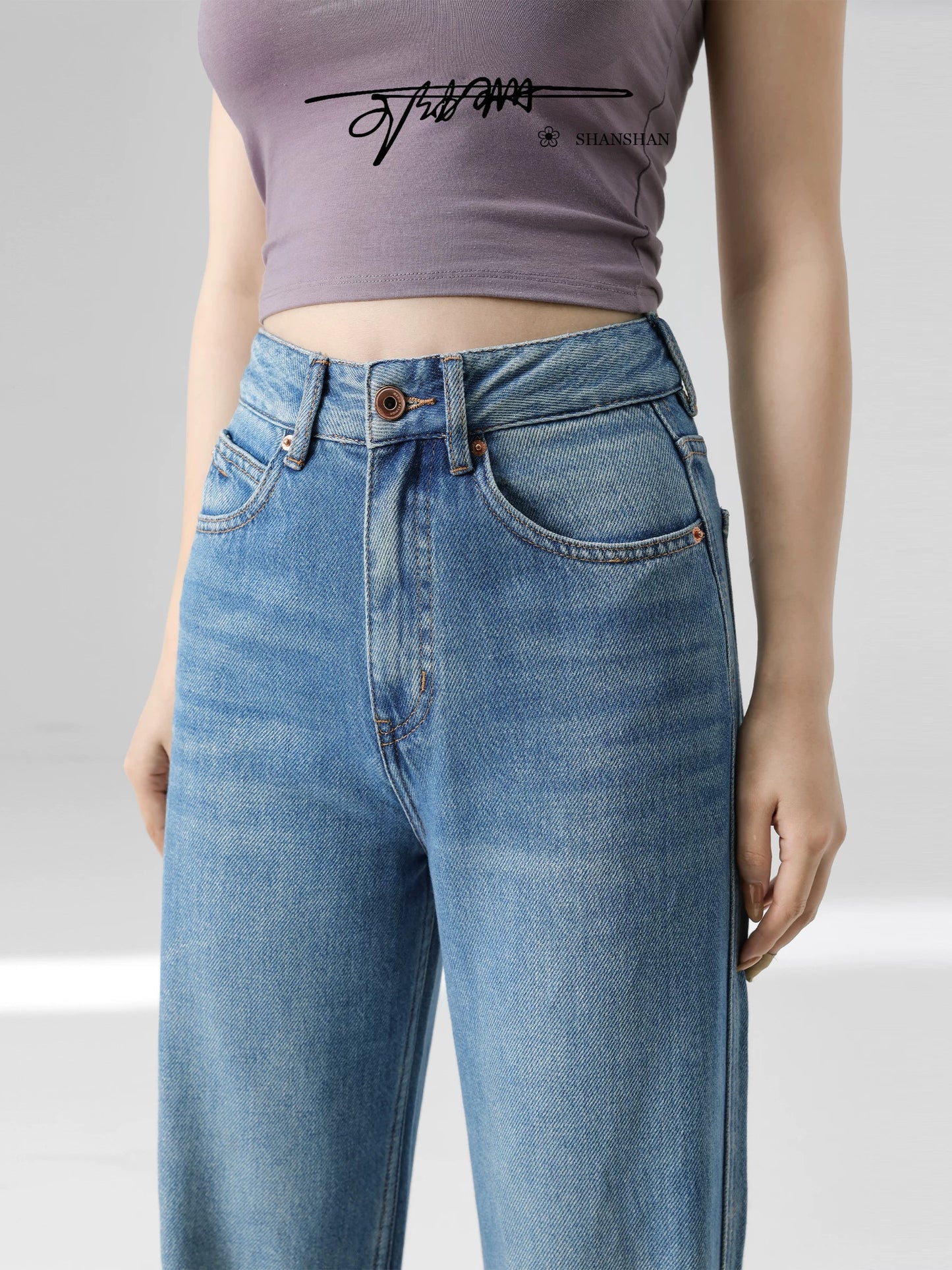 [Wang Youshan] High-waist jeans for women, loose new autumn and winter straight trousers, slim wide-leg pants 5005