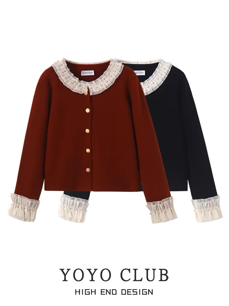 YOYO CLUB French New Year red sweater cardigan for women winter spliced wood ear edge temperament short sweater