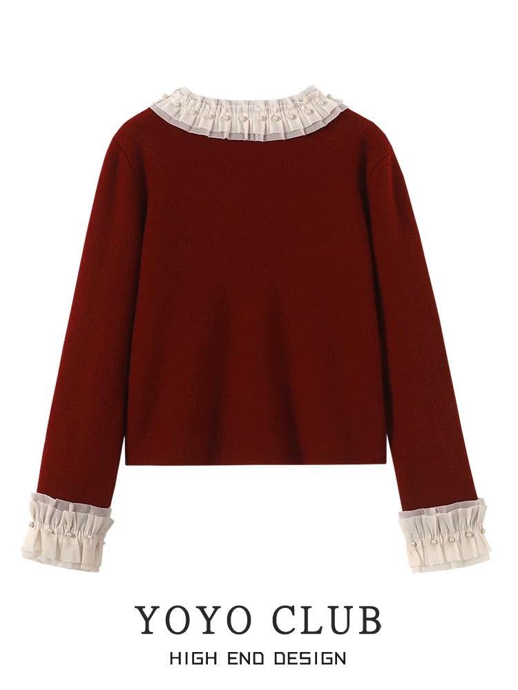 YOYO CLUB French New Year red sweater cardigan for women winter spliced wood ear edge temperament short sweater