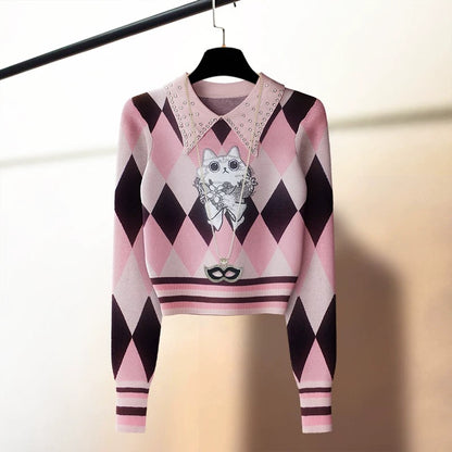 Diamond embroidered cat high-end high-waisted pullover sweater for women in autumn and winter warm rhombus pattern bottoming sweater top