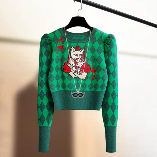 European Cartoon Embroidery Retro Puff Sleeve Sweater High Waist Diamond Bottoming Wool Unique Top Sweater Autumn and Winter