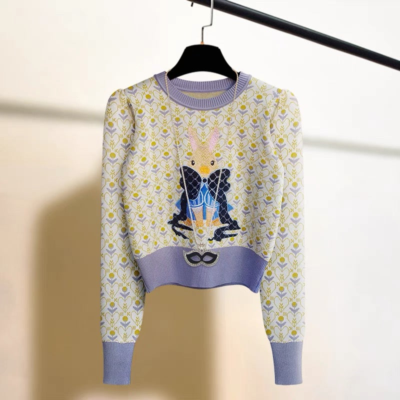 High-end rabbit embroidered breast-style pullover sweater for women in autumn and winter, super nice and warm bottoming sweater high-waisted top