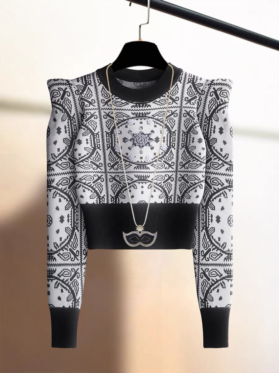 Heavy industry diamond-encrusted puff sleeves high-end high-waisted pullover sweater for women autumn and winter warm niche bottoming sweater top