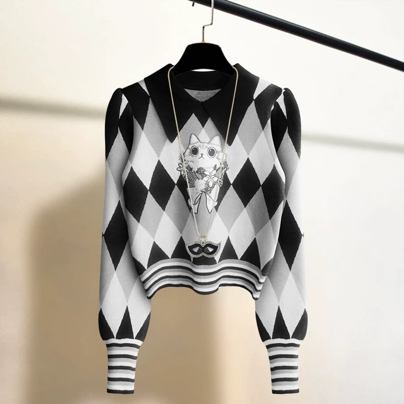 Cat embroidered puff sleeves high-waist pullover sweater for women autumn and winter warm rhombus bottoming sweater top